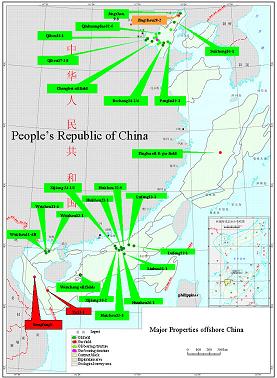 中海油公司在中国海域的主要岸外油气田开发区域