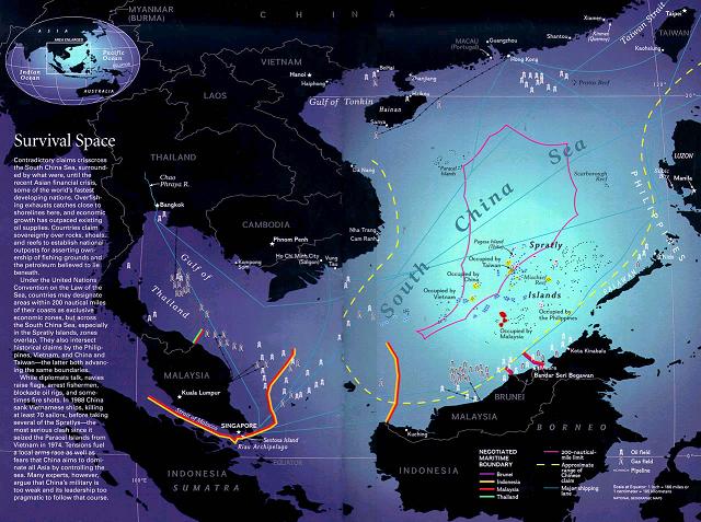 南中国海区域地图，泰国湾，马六甲海峡，油、气田井架分布，Territorial Claims of Spratly Islands - Outline